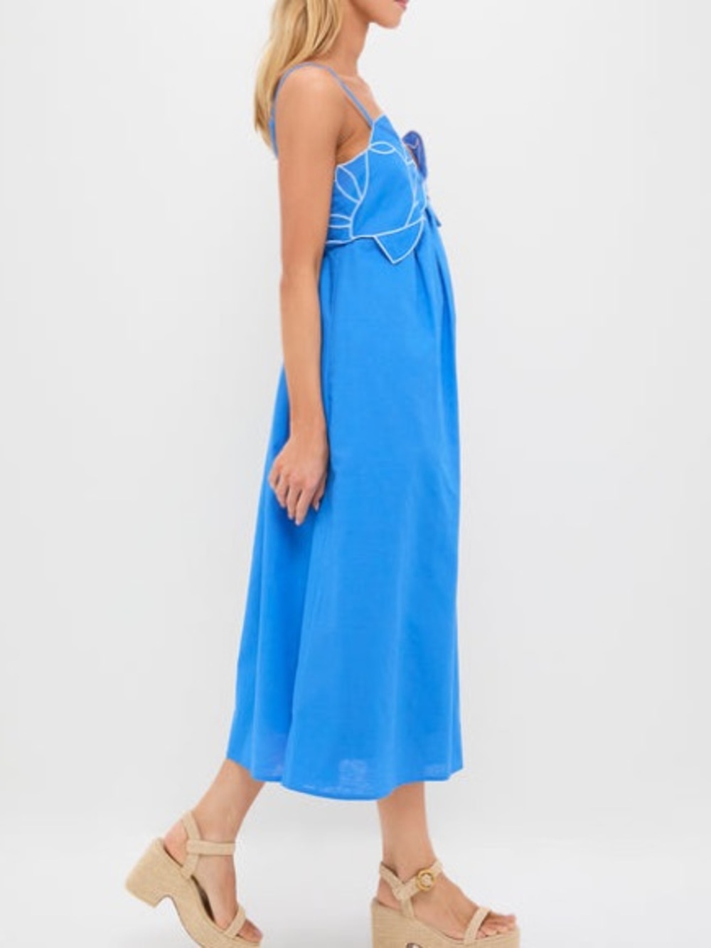 English Factory Linen Blend Flower Applique Iris Maxi Dress Sleeveless Sea Blue - Picture 7 of 14